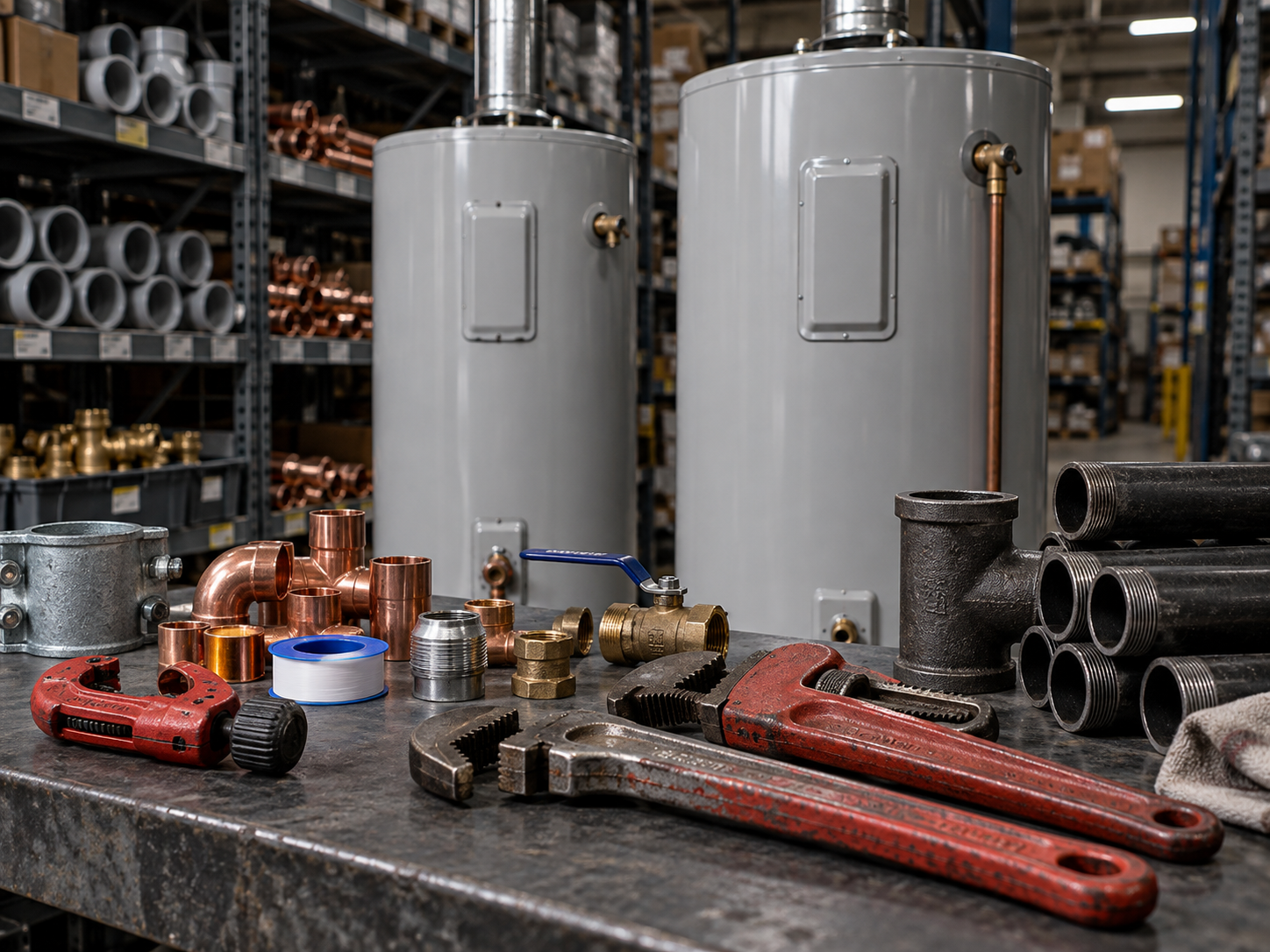 Water heaters and plumbing tools in a supply warehouse