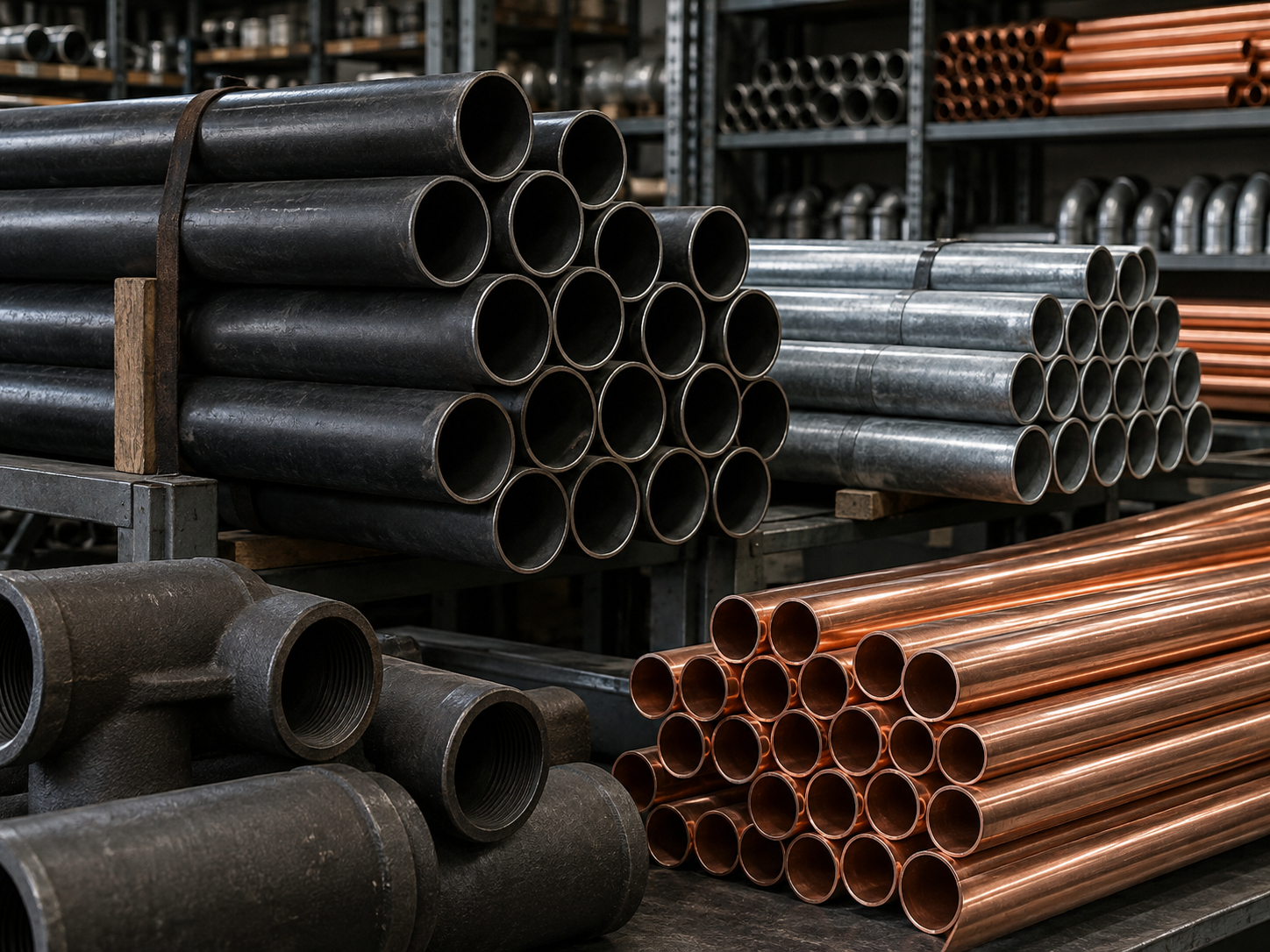 Black steel, galvanized, copper, and cast iron pipe