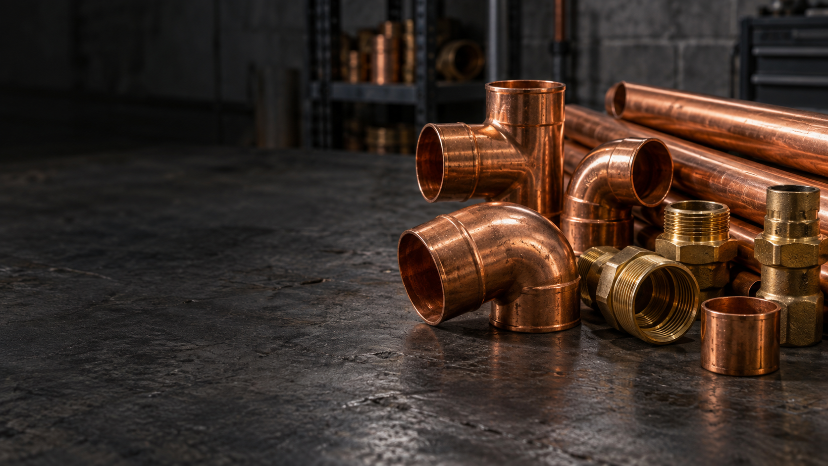 Copper pipe, elbows and brass fittings on an industrial workbench